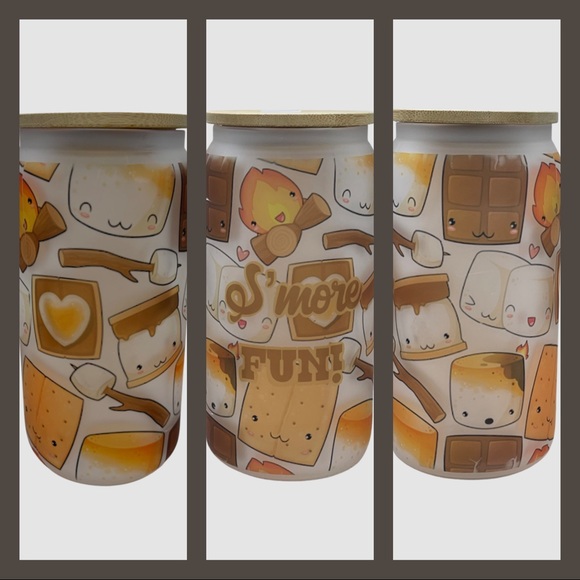 S’more Fun 16oz beer can glass with lid and straw. Clear or frosted. 2 designs! - Picture 3 of 5